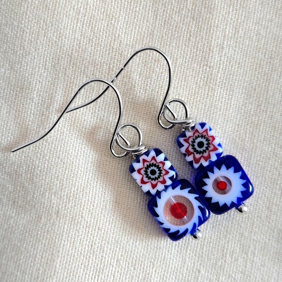 Red, White And Blue Glass Earrings - Picture 1 of 4